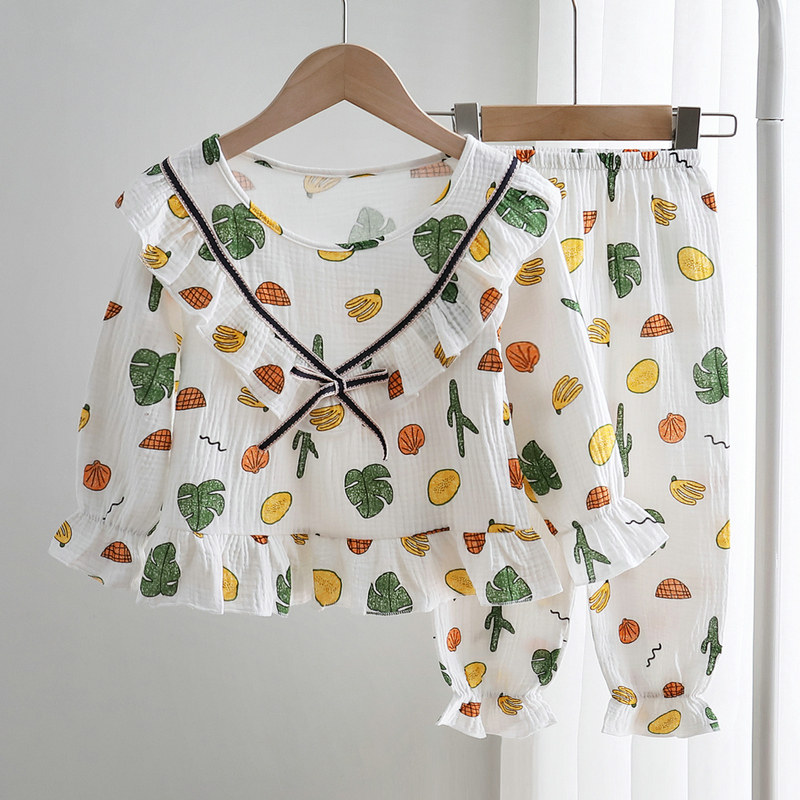 Spring and autumn children's pajamas pure cotton cloth long-sleeved suit girls baby middle and big children bubble cotton princess home clothes thin section