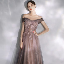  Starry sky gradient evening dress 2021 new temperament long dreamy one-shoulder toast dress bridal banquet dress