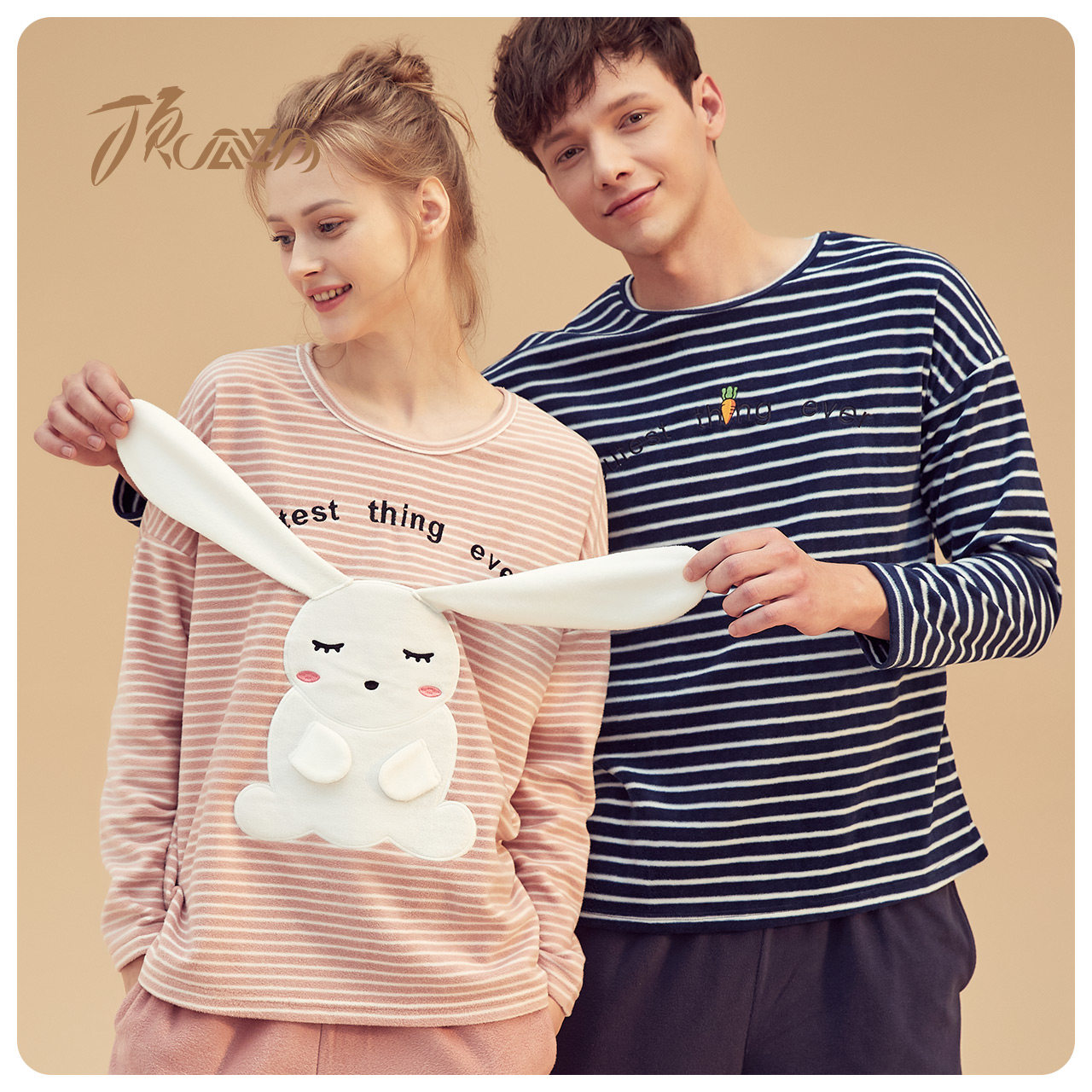 Top Guagua Autumn Winter Couple Sleeping Clothes Shake Grain ladies Striped Long Sleeves Suit Men's Home Conserved 2020 New Products
