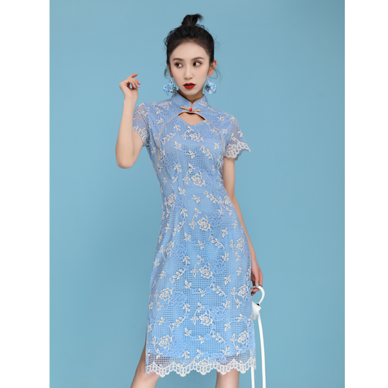 Summer lightweight cheongsam, lace fashionable elegant dress, 2020, light style, tight, french style