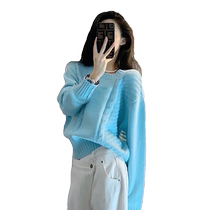 2023 New Year hot style autumn and winter versatile lazy style Korean style twist blue sweater for women thickened loose outer wear foreign style