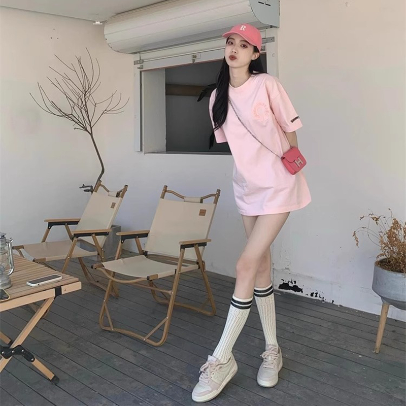 Versatile Trendy Brand Summer Boutique European Style Heavy Pink Sanskrit Embroidery Patch Short-Sleeve T-Shirt Loose Top