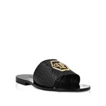 philipp plein flat crocodile print sandals - black nickel (American outlet) straight hair