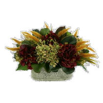 creative displays autumn arrangement with hydrangeas and foxtails - burgundy red