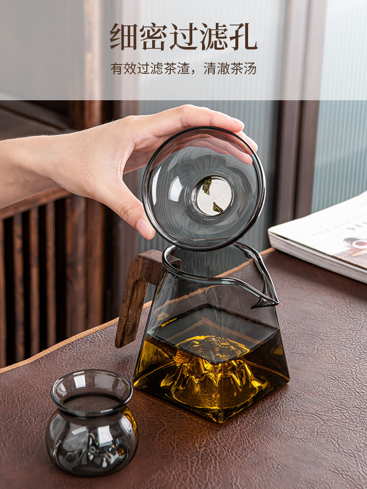 Glass Transparent and Clean Tea Set with Wooden Handle, Thickened Heat-Resistant Tea Set, Tea Divider, Tea Strainer, Japanese-Style Tea Ware