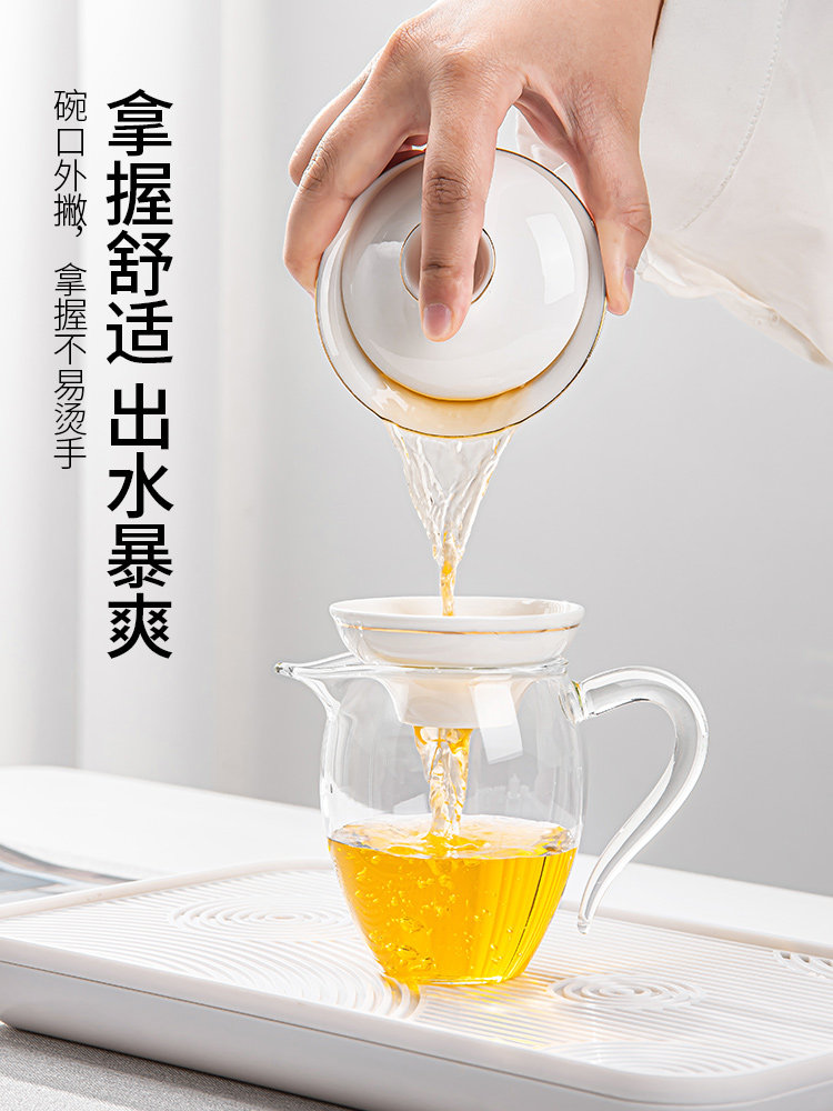 Dehua White Porcelain Gaiwan Tea Set, Can Be Suspended, High-End Chinese-Style Household Tea Brewing Set, Ceramic Kung Fu Tea Cup and Tea Tray