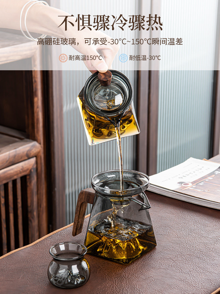 Glass Transparent and Clean Tea Set with Wooden Handle, Thickened Heat-Resistant Tea Set, Tea Divider, Tea Strainer, Japanese-Style Tea Ware
