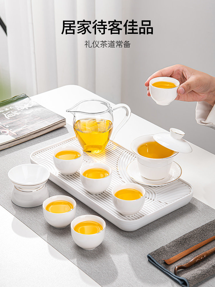 Dehua White Porcelain Gaiwan Tea Set, Can Be Suspended, High-End Chinese-Style Household Tea Brewing Set, Ceramic Kung Fu Tea Cup and Tea Tray