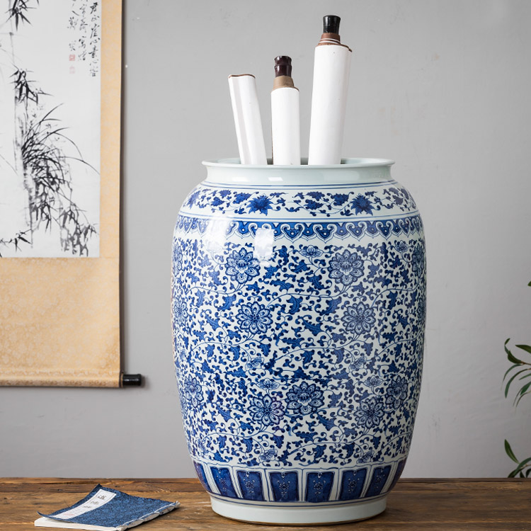 Jingdezhen Ceramic painting and calligraphy containing cylinder large number of green flower porcelain calligraphy and painting scroll cylinder book room arrow cylinder swing piece retro senior