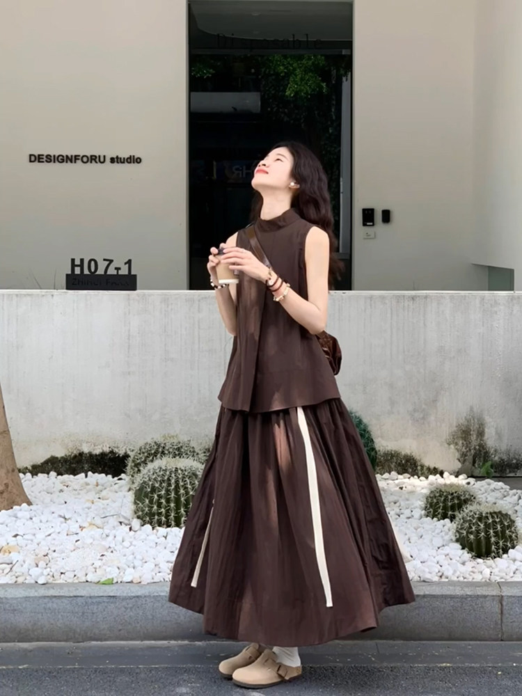 Age reducing western-style fashion suit Xia Wenyi Sen style vest retro ribbon skirt lazy style outfit complete set