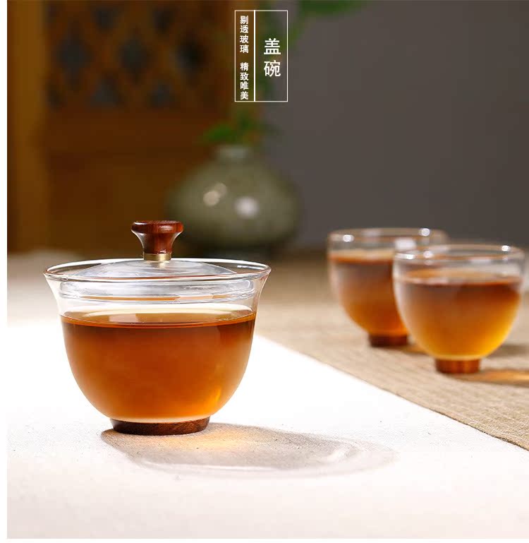 Royal pure heat - resistant glass tea just tureen wood bottom three points kung fu tea set glass tureen two cups