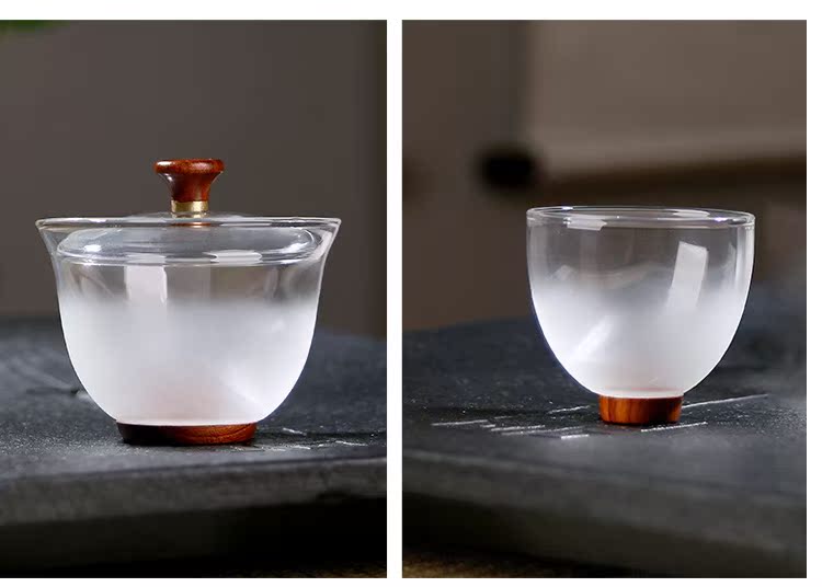 Royal pure heat - resistant glass tea just tureen wood bottom three points kung fu tea set glass tureen two cups