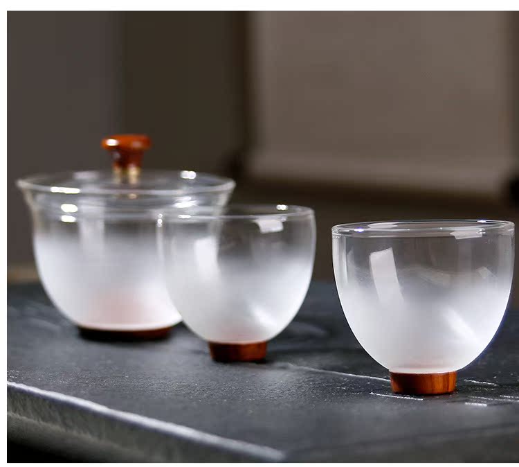 Royal pure heat - resistant glass tea just tureen wood bottom three points kung fu tea set glass tureen two cups