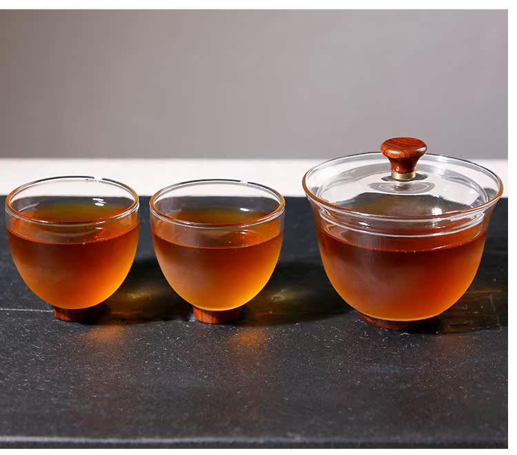 Royal pure heat - resistant glass tea just tureen wood bottom three points kung fu tea set glass tureen two cups