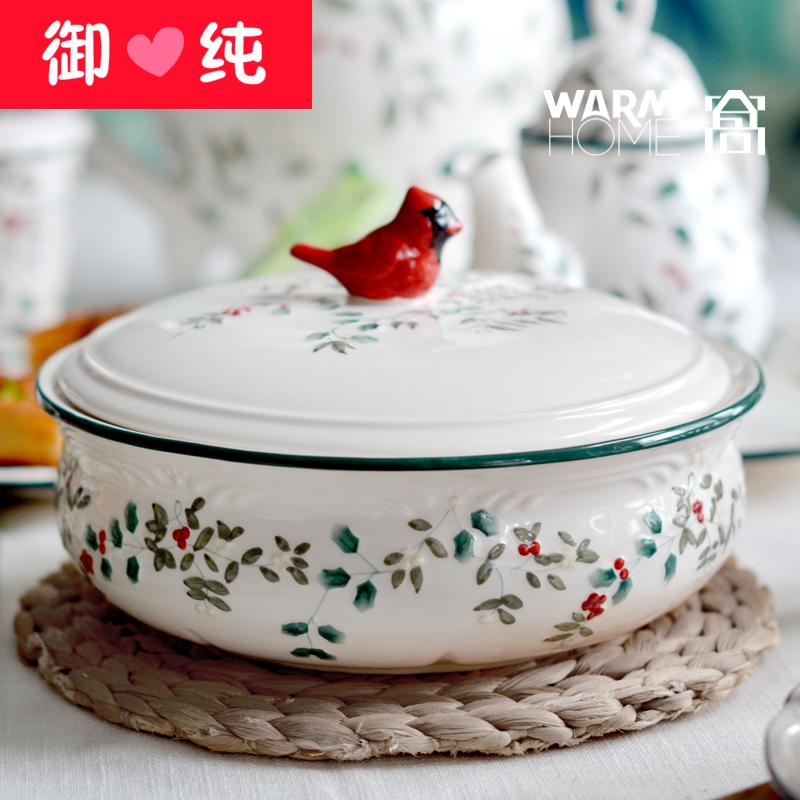 Cardinals Holly berries European ceramic tableware soup pot soup bowl of soup basin hand - made embossed with cover heat coloured drawing or pattern