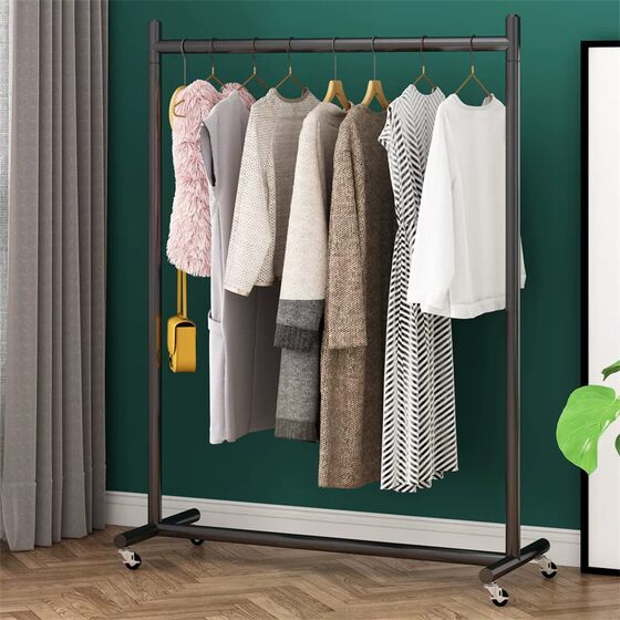 Thickened Simple Folding Clothes Rack, Mobile Home Balcony Floor-Standing Clothes Drying Rack, Light Luxury Clothing Store Shelf with Wheels