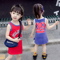 Girl sports Wind vest Lions dress Summer clothing Childrens pure cotton medium length T-shirt Skirt Baby Footy Basketball Dress