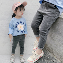 Girl Smoke Grey Jeans Spring Fall Subsection Child Han Version Elastic Tight Fit Pants Casual Little Feet Pencil Pants