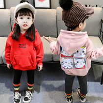 Girls rice white plus velvet clothing autumn and winter clothing The children Han version thickened with cap hooded sweatshirt baby warm blouse