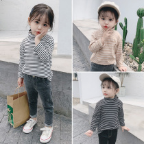 Girl black and white striped long sleeve T-shirt autumn and winter clothing children foreign air semi-high collar bottom-shirt puck with velvet pure cotton blouse T