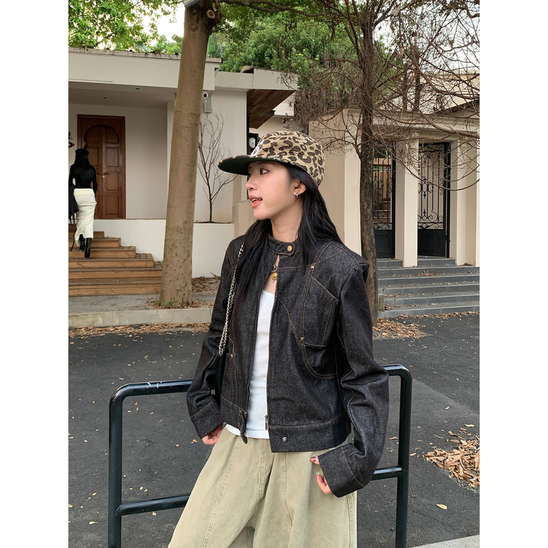 Muzi Sheep Black Raw Denim Washed Vintage Denim Jacket Women's 2025 Spring and Autumn Top