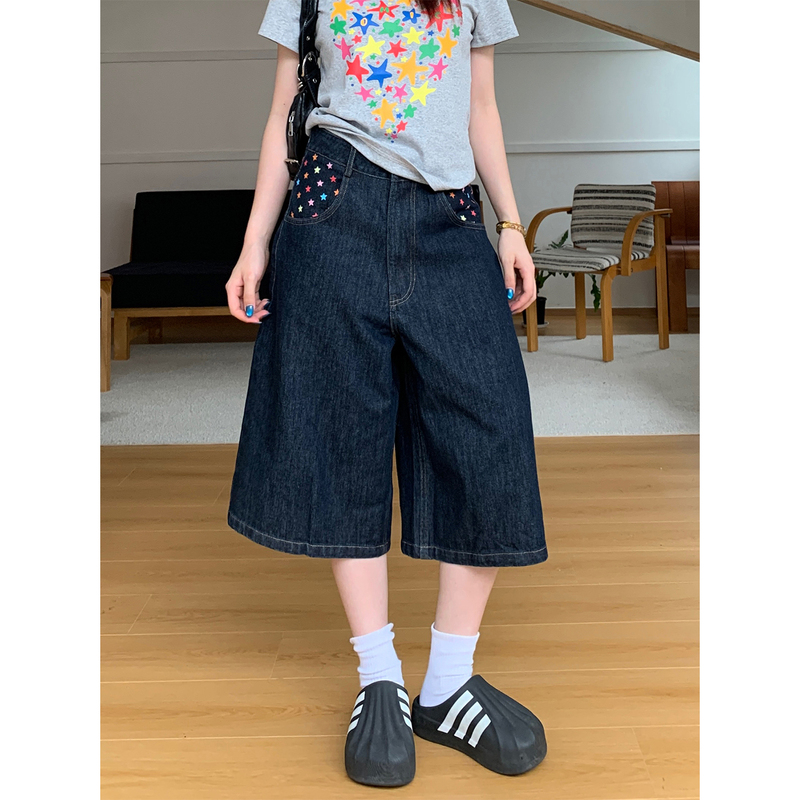 Muzi Sheep American Retro Fun Star Print Cropped Denim Pants Summer Denim Color Paris Buckle Wide-Leg Mid-Length Pants Muzi Sheep American Retro Fun Star Print Cropped Denim Pants Summer Denim Color Paris Buckle Wide-Leg Mid-Length Pants
