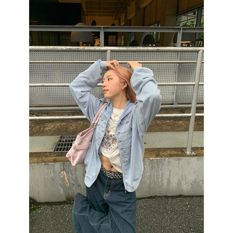 Muzi Sheep 26Ss Autumn Napoleon Style Design Loose Hooded Washed Vintage Cardigan Sweatshirt for Women ins Muzi Sheep 26Ss Autumn Napoleon Style Design Loose Hooded Washed Vintage Cardigan Sweatshirt for Women ins