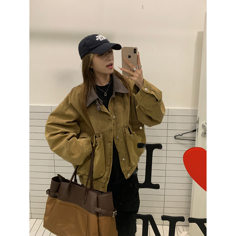 Muzis American-Style Workwear Distressed Washed Barn-Style Patchwork Leather Collar Jacket Unisex Short Wide Boxy Top