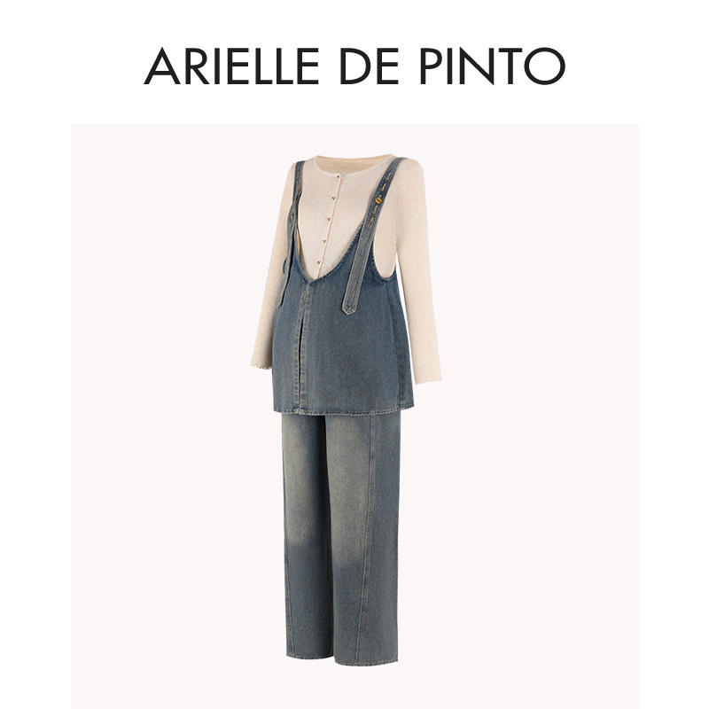French Arielledepinto Maternity Wear Spring and Autumn New Design Retro Denim Overalls Top Set French Arielledepinto Maternity Wear Spring and Autumn New Design Retro Denim Overalls Top Set
