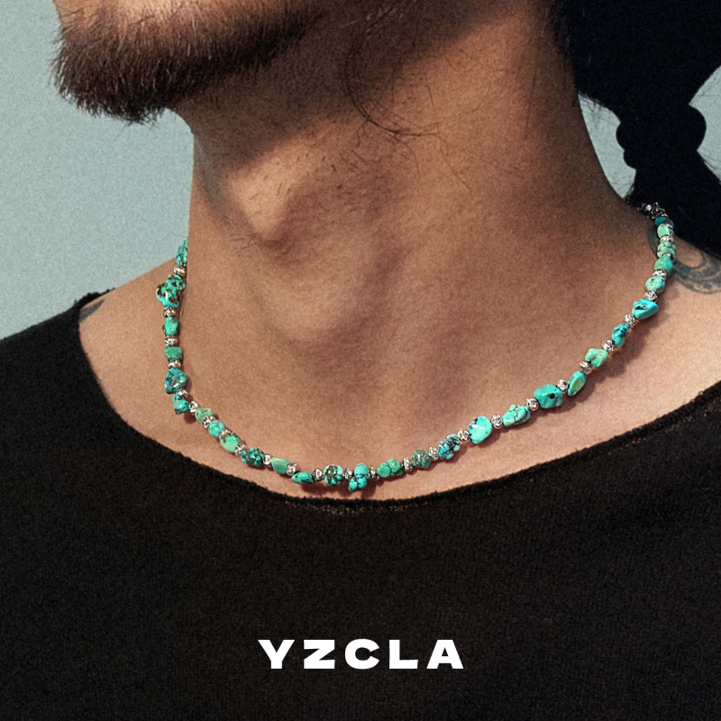 Yzcla Turquoise Necklace Natural Raw Ore Pure Silver High-End Light Luxury Niche Tibetan Style Unisex Ethnic Style Chain