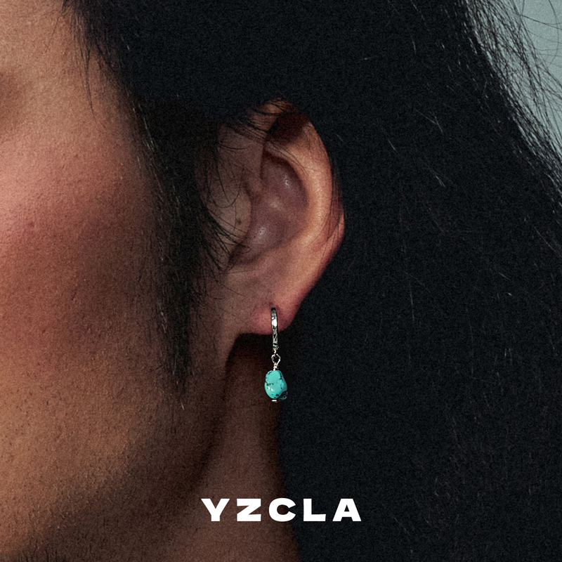 Yzcla Turquoise Earrings Natural Raw Ore Pure Silver Ear Care No Need to Remove Nepalese Tibetan Ethnic Style Earrings