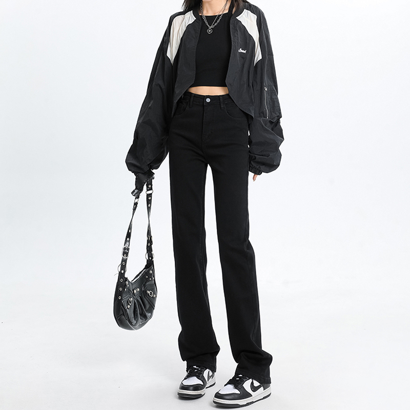 Black Straight-Leg Jeans for Women, 2026 Spring/Summer Style, High-Waisted, Stretchy, Slim-Fit, Wide-Leg, Cropped Cigarette Pants, Versatile