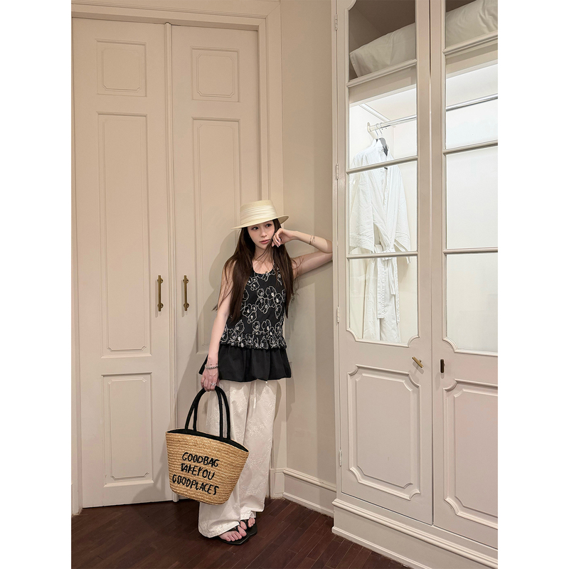 Yang Yang Yangruoyu 【Pure White Flutter】 Jacquard Elastic Waist Loose Wide-Leg Slimming Straight Casual Pants for Women