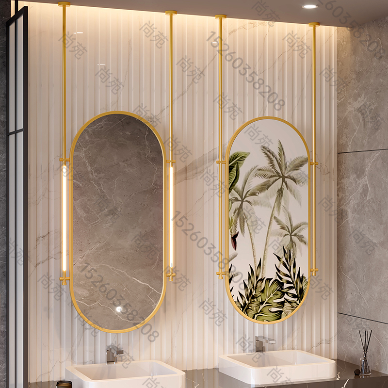 Stainless Steel Hanging Mirror with Light, Illuminated Bathroom Hanging Mirror, Ceiling Oval Vanity Mirror, Hotel Barber Shop Mirror