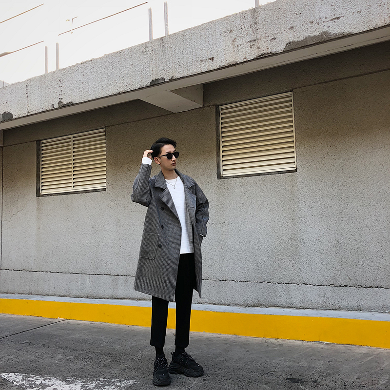 Thái độ cổ điển Pháp houndstooth áo khoác len in lưới đỏ Hàn Quốc áo dài kẻ sọc nam áo bomber