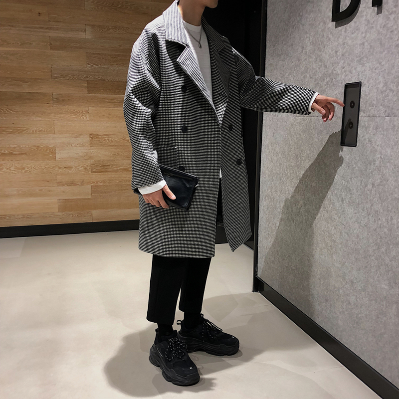 Thái độ cổ điển Pháp houndstooth áo khoác len in lưới đỏ Hàn Quốc áo dài kẻ sọc nam áo bomber