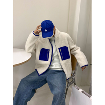 HOZI winter new lamb wool jacket zipped pocket splicing design plush jacket male blouse minimalist short