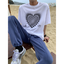 Value clearance #2021 summer love print design sense round neck mens T-shirt short sleeve ins Tide brand Korean loose