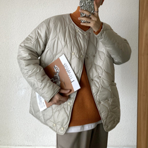 Value clearance# Stacked collarless retro Korean version of tide diamond-shaped grid cotton-padded clothes mens cotton-padded winter liner light coat