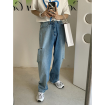 HOZI new gradient color washed looser straight cylinder side dash Hole Jeans Boys Season 100 Hitch Pants Tide