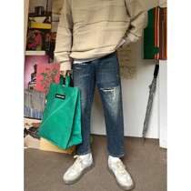 Attitude High Street Korean trend word hole splashing ink do old blue jeans men small feet ankle-length pants