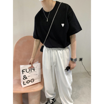 Value clearance# Small love printing simple short sleeve T-shirt men Gender-Free wearing season cotton loose net red ins