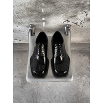 HOZI black square-toe leather shoes male diamond-shaped check niche design casual mens shoes British style lace-up fashion mens shoes