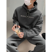Value Clearance #HOZI Hood plus fleece sweatshirt mens silver letter print design trend top simple and versatile