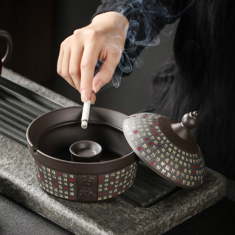 Purple Sands Cigarette Ash Tray With Lid Anti-Fly Ash Minqing Qing Classical Minister High-end Vintage Official Hat Creative Individuality Trend Home
