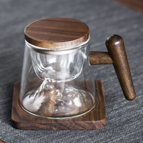 Creative Guanshan glass tea cup filter inner tank tea separation drinking tea water Office Cup with lid solid wood handle handle