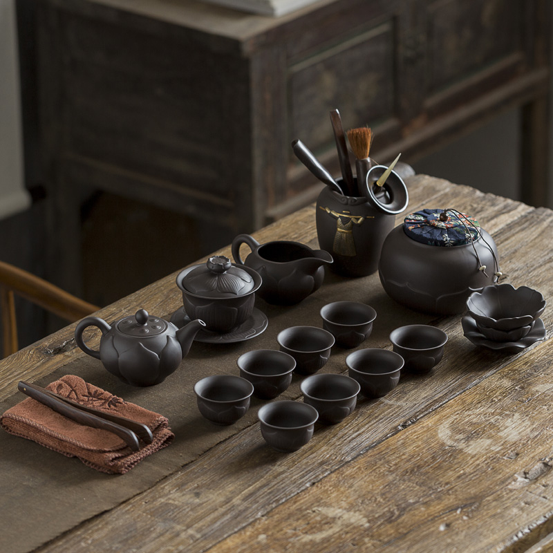 Purple sand tea set home tea tea ceramic teapot teacup solid wood tea tray tea tea set is contracted