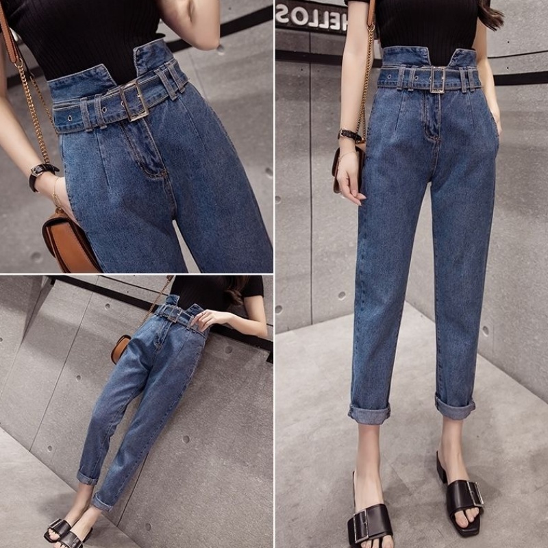 Jeans women's spring and autumn 2019 new Korean version of thin nine points high waist Harlan pants student bf loose and wild