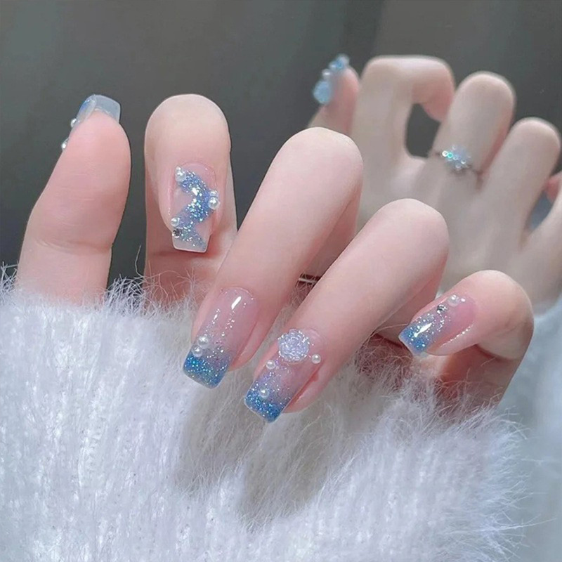 Nail Art Press-On Nails 2026 Children ins Blue Student Butterfly Camellia Medium Length Brightening Nail Stickers Nail Art Press-On Nails 2026 Children ins Blue Student Butterfly Camellia Medium Length Brightening Nail Stickers