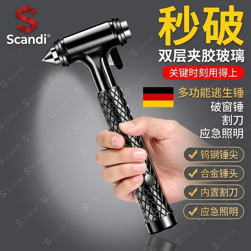 Scandi German Safety Hammer Car Window Breaker with Cutter Four-In-One Multi-Functional Double-Layer Laminated Glass Hammer